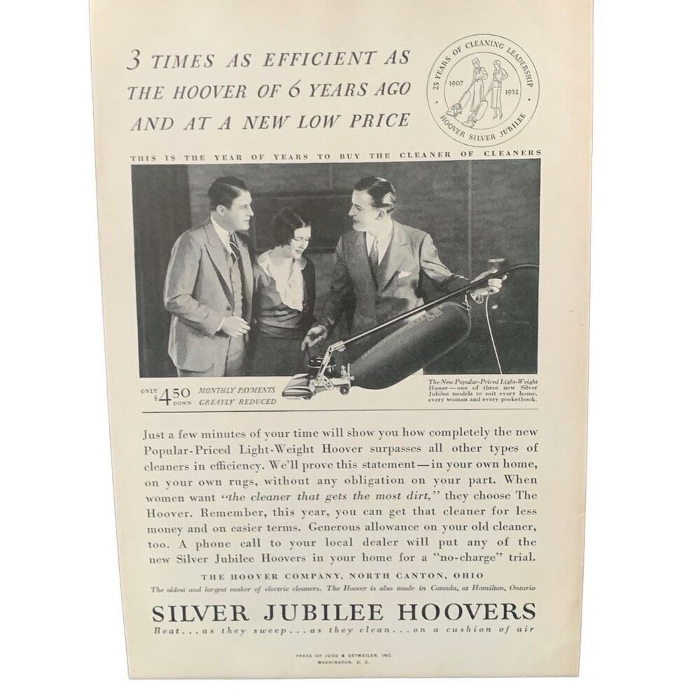 Vintage 1932 Hoover Silver Jubilee Hoovers Ad Advertisement